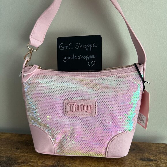 NWT Juicy Couture Blank Canvas Light Pink Sequin Hobo Shoulder Bag Gold Cute - Picture 1 of 4